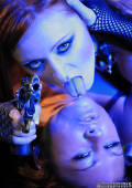 neon and laser light lesbian action girls play with revolver
