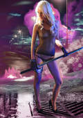 actiongirl posing with samurai sword in laserlight