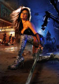 action girl posing as sworld warrior in neon light settings